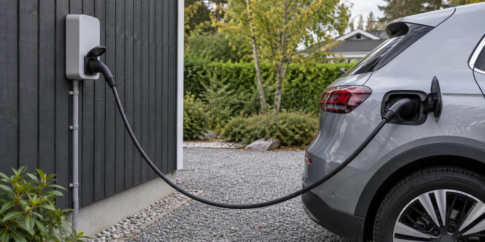 Laddbox på en villafasad med en laddkabel ansluten till både boxen och en parkerad elbil.